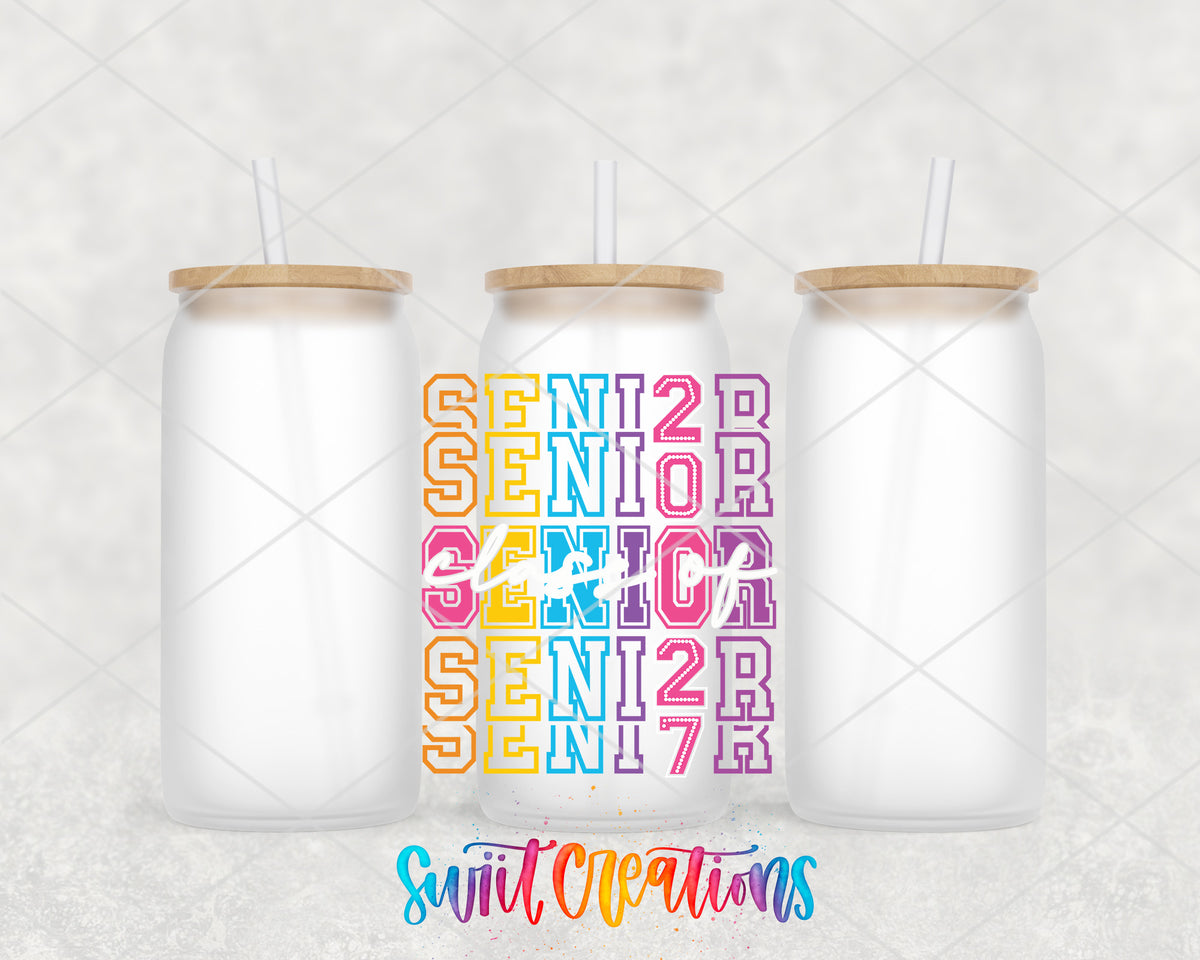Senior 2027 frosted glass tumbler group view with lids and straws