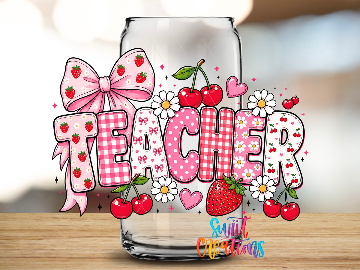 Strawberry Teacher design close-up on a clear glass can tumbler