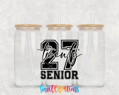 2027 Senior clear glass tumbler group mockup with bamboo lids and straws