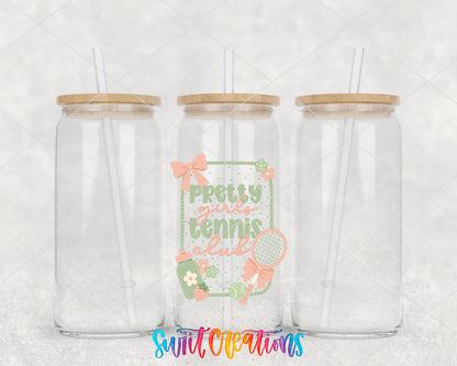 Pretty Girls Tennis Club clear glass tumbler group mockup with bamboo lids and straws