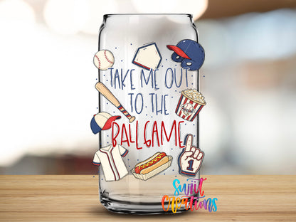 Take Me Out to the Ball Game design close-up on a clear glass can tumbler