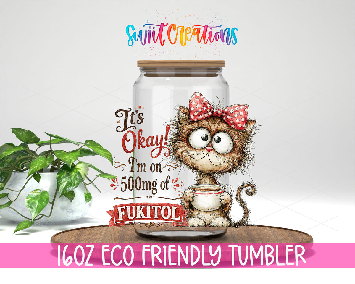 Fukitol Cat design on a 16 oz clear glass tumbler with bamboo lid