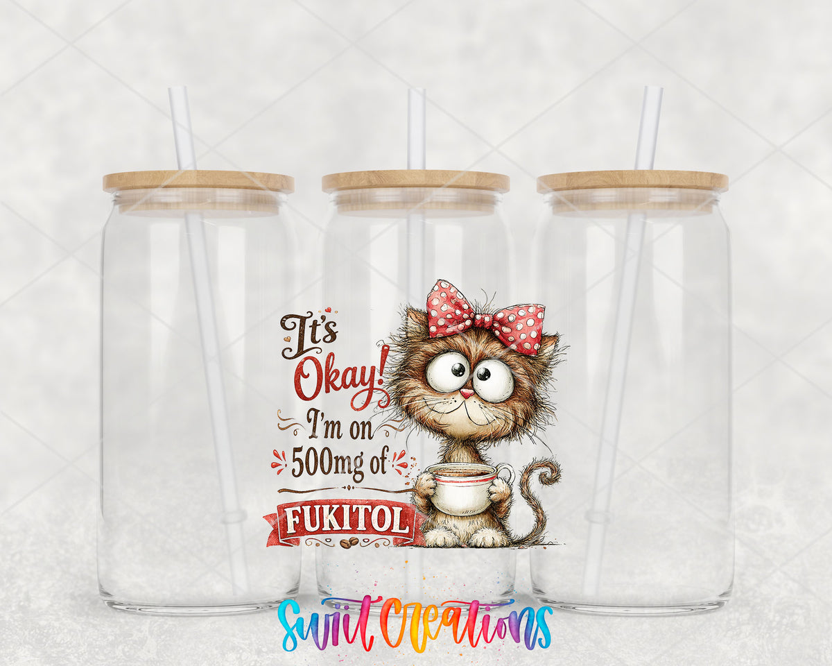 Fukitol Cat clear glass tumbler group mockup with bamboo lids and straws