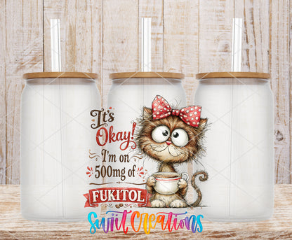 Fukitol Cat frosted glass tumbler mockup with bamboo lids and straws