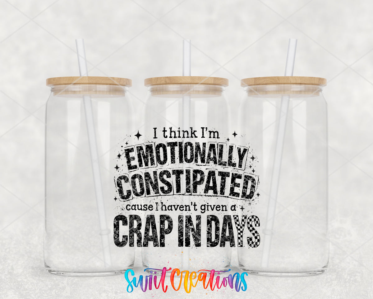 Emotionally Constipated clear glass tumbler group mockup with bamboo lids and straws