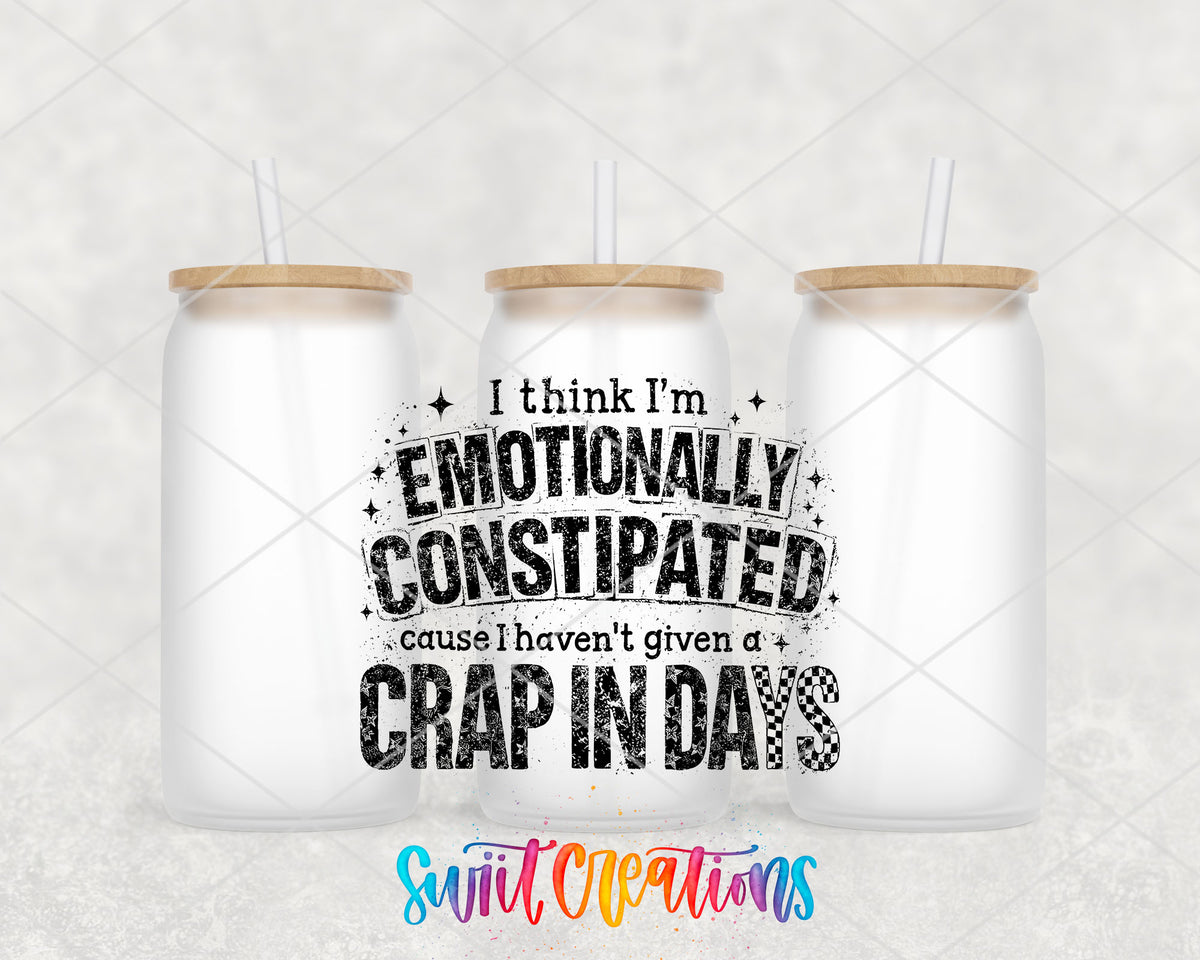 Emotionally Constipated frosted glass tumbler group view with lids and straws