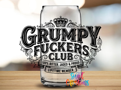 Grumpy Fuckers design close-up on a clear glass can tumbler