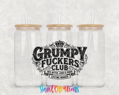 Grumpy Fuckers clear glass tumbler group mockup with bamboo lids and straws