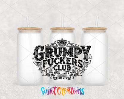 Grumpy Fuckers frosted glass tumbler group view with lids and straws