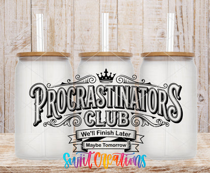 Procrastinators Club frosted glass tumbler mockup with bamboo lids and straws