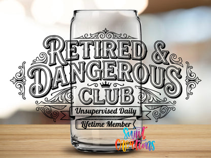 Retired design close-up on a clear glass can tumbler