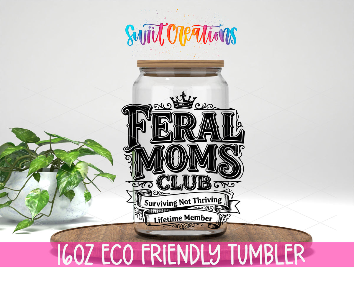 Feral design on a 16 oz clear glass tumbler with bamboo lid