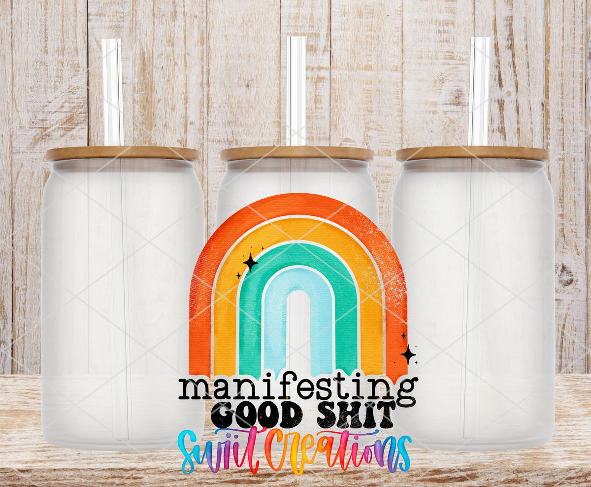 Manifesting Good Shit frosted glass tumbler mockup with bamboo lids and straws