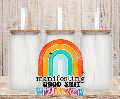 Manifesting Good Shit frosted glass tumbler mockup with bamboo lids and straws