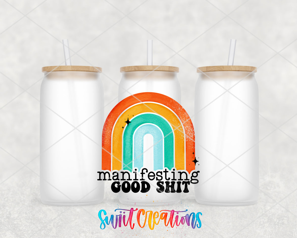 Manifesting Good Shit frosted glass tumbler group view with lids and straws