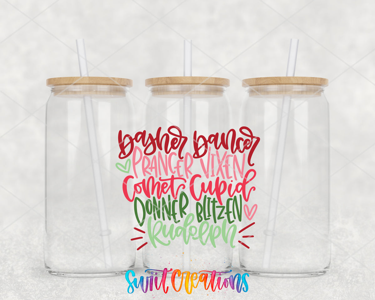 Reindeer Names clear glass tumbler group mockup with bamboo lids and straws