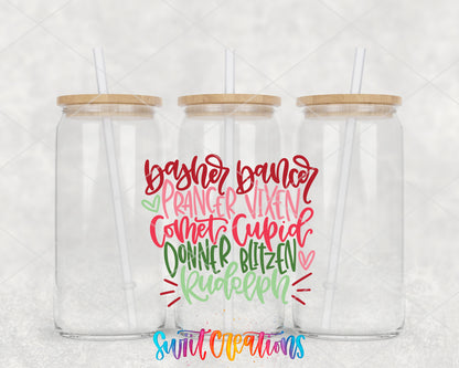 Reindeer Names clear glass tumbler group mockup with bamboo lids and straws