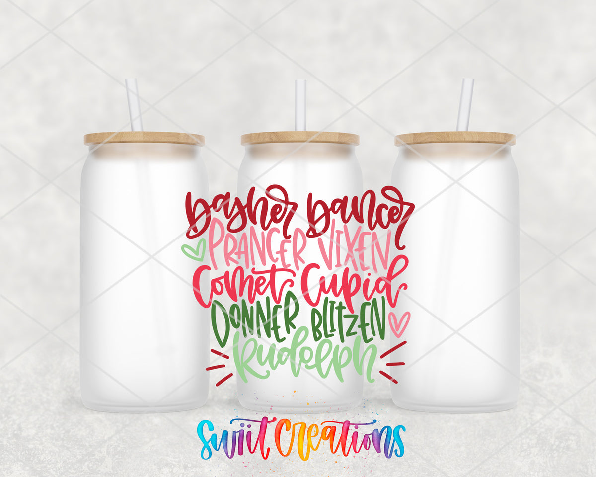 Reindeer Names frosted glass tumbler group view with lids and straws