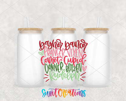 Reindeer Names frosted glass tumbler group view with lids and straws