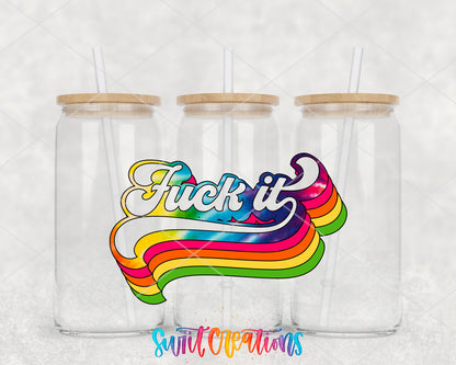 Fuck It Rainbow clear glass tumbler group mockup with bamboo lids and straws