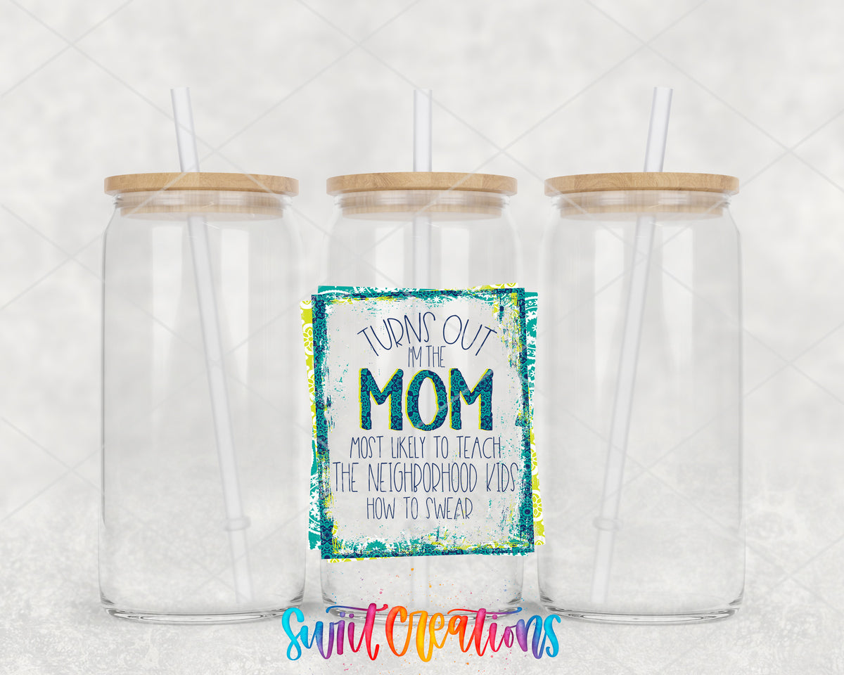 Turns Out I Am That Mom clear glass tumbler group mockup with bamboo lids and straws