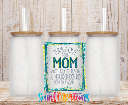 Turns Out I Am That Mom frosted glass tumbler mockup with bamboo lids and straws