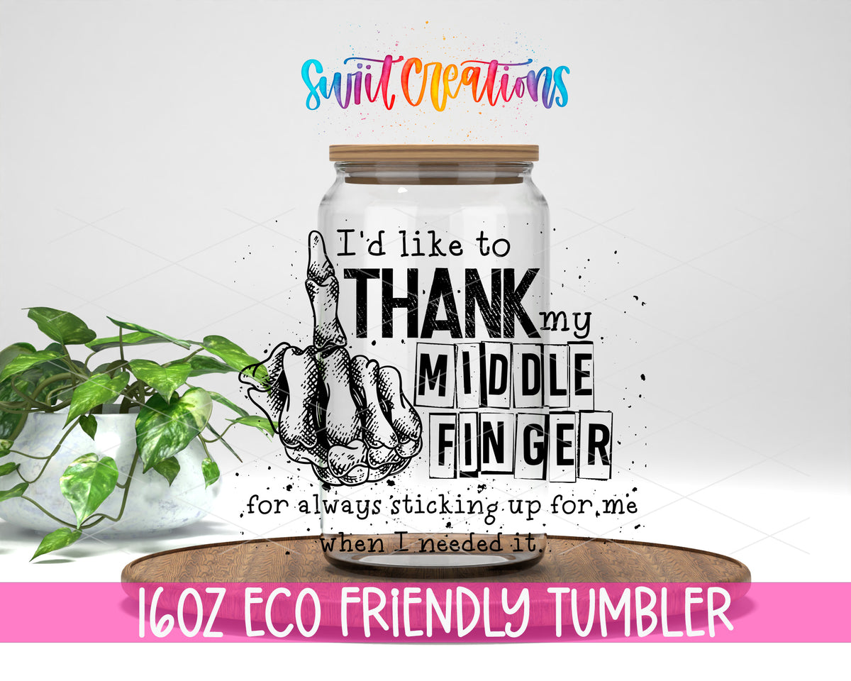 Thank My Middle Finger design on a 16 oz clear glass tumbler with bamboo lid