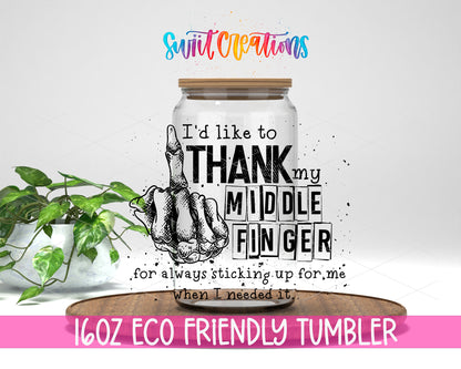 Thank My Middle Finger design on a 16 oz clear glass tumbler with bamboo lid