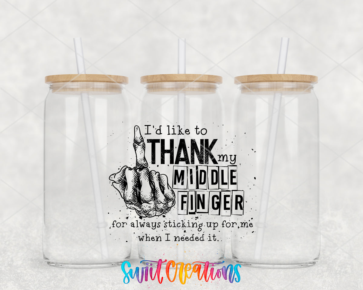 Thank My Middle Finger clear glass tumbler group mockup with bamboo lids and straws