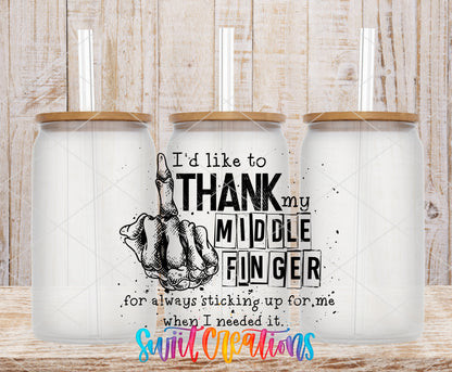 Thank My Middle Finger frosted glass tumbler mockup with bamboo lids and straws