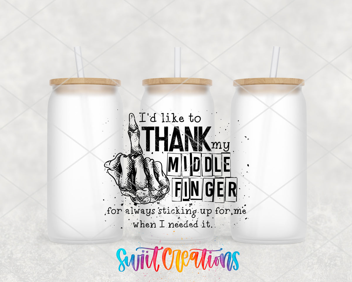 Thank My Middle Finger frosted glass tumbler group view with lids and straws
