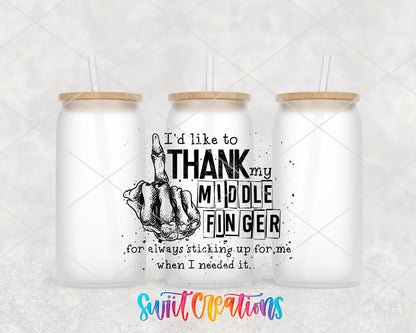 Thank My Middle Finger frosted glass tumbler group view with lids and straws