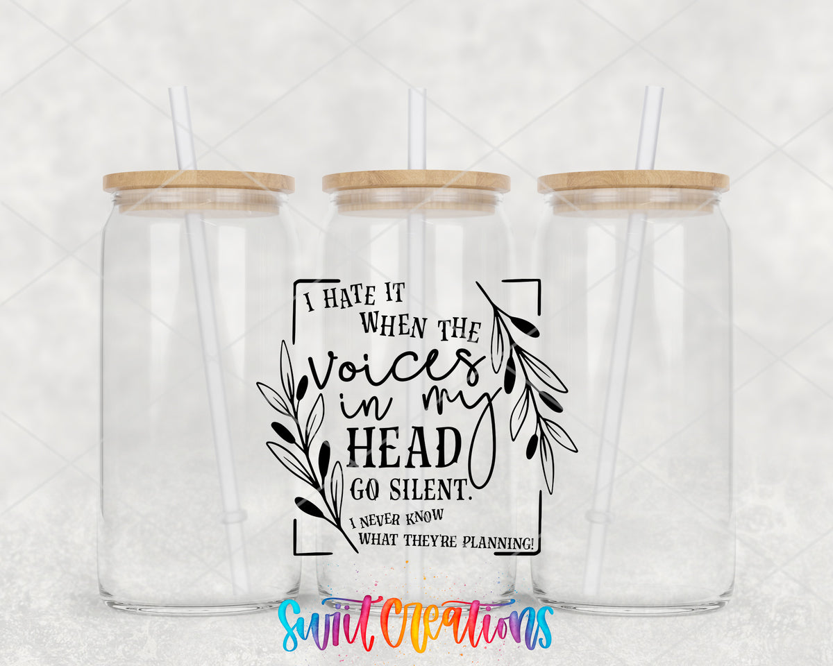 Voices in My Head clear glass tumbler group mockup with bamboo lids and straws