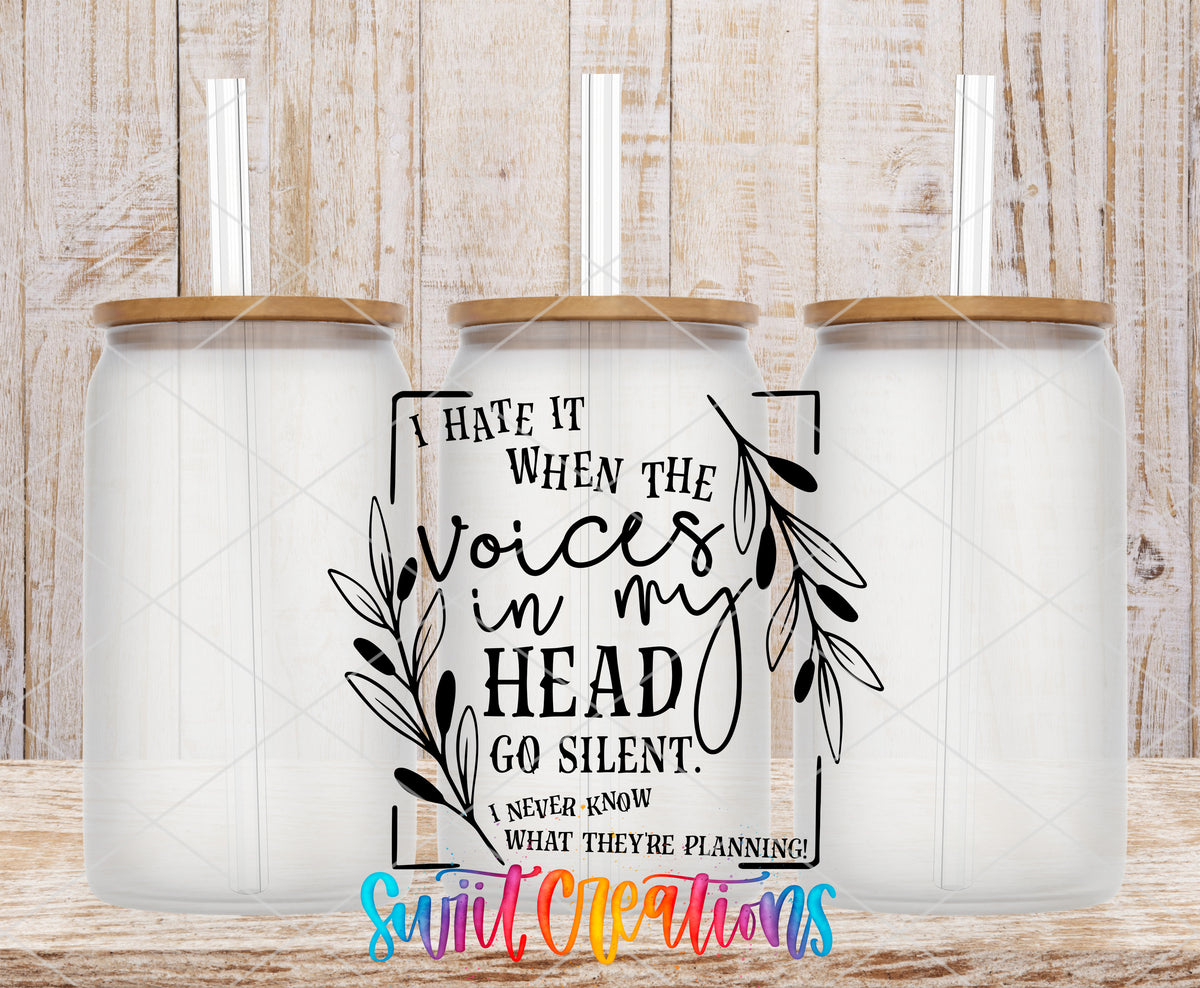 Voices in My Head frosted glass tumbler mockup with bamboo lids and straws