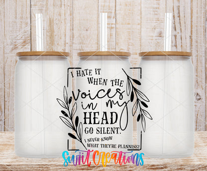 Voices in My Head frosted glass tumbler mockup with bamboo lids and straws