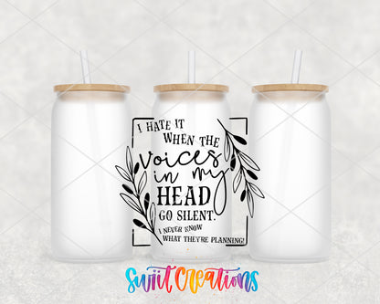 Voices in My Head frosted glass tumbler group view with lids and straws