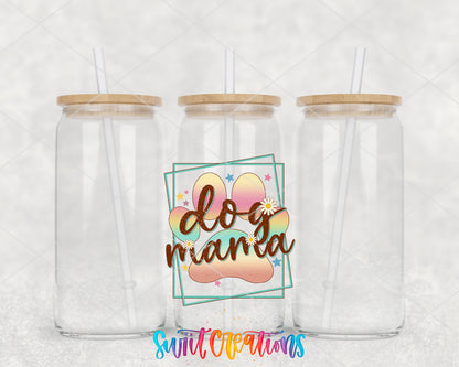 Dog Mama clear glass tumbler group mockup with bamboo lids and straws