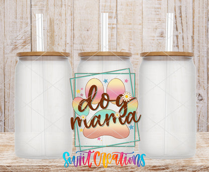 Dog Mama frosted glass tumbler mockup with bamboo lids and straws