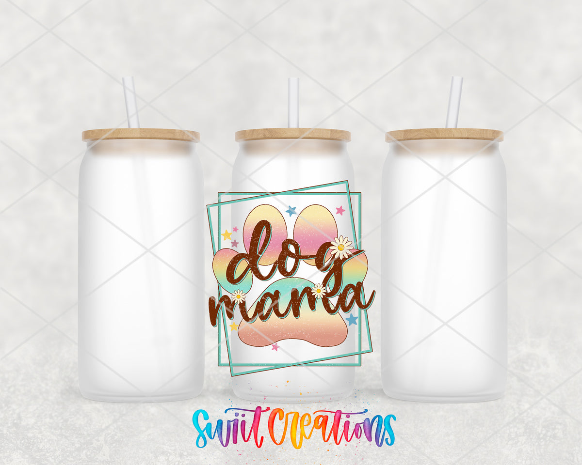 Dog Mama frosted glass tumbler group view with lids and straws