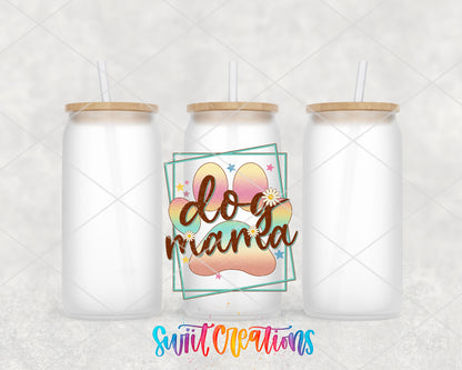 Dog Mama frosted glass tumbler group view with lids and straws
