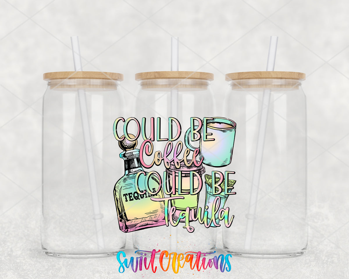 Could Be Coffee Could Be Tequila clear glass tumbler group mockup with bamboo lids and straws