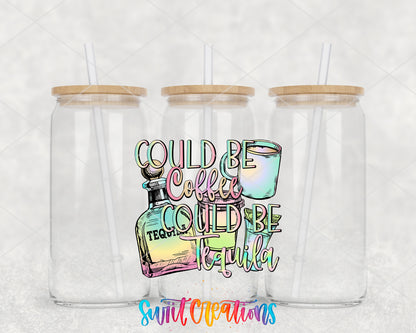 Could Be Coffee Could Be Tequila clear glass tumbler group mockup with bamboo lids and straws