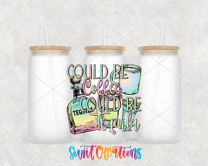 Could Be Coffee Could Be Tequila frosted glass tumbler group view with lids and straws