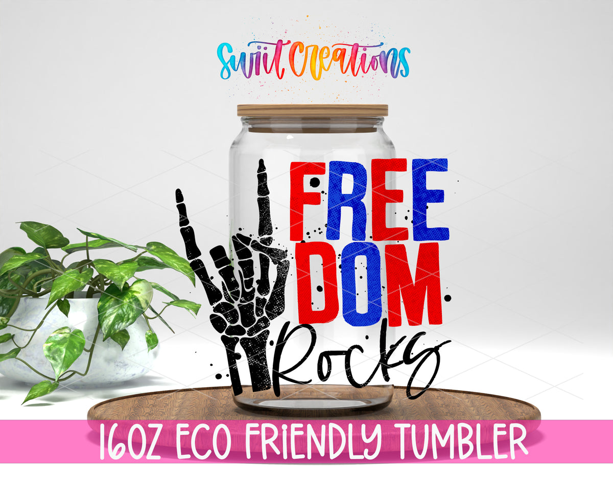 Freedom Rocks design on a 16 oz clear glass tumbler with bamboo lid