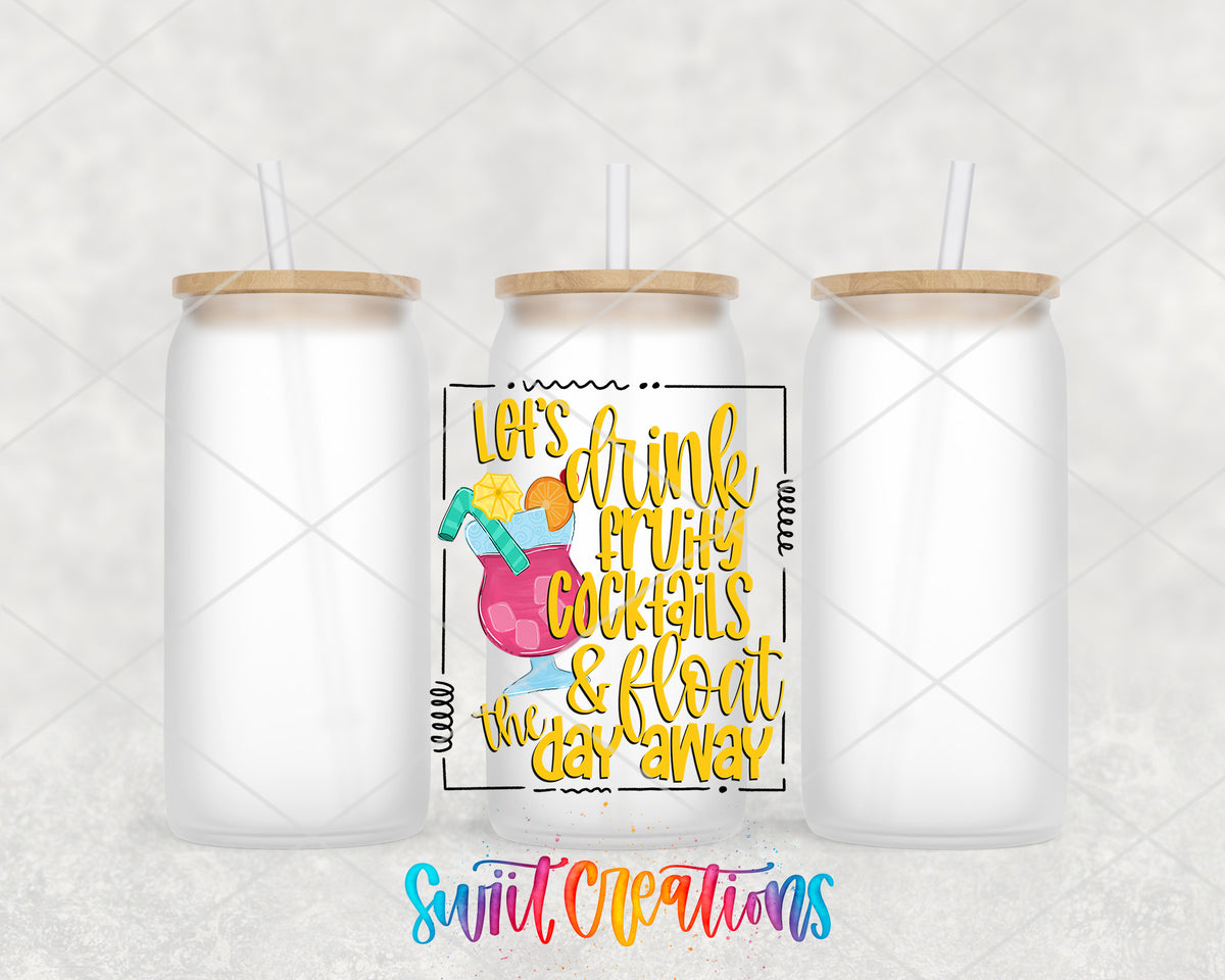 Fruity Cocktails and Float frosted glass tumbler group view with lids and straws