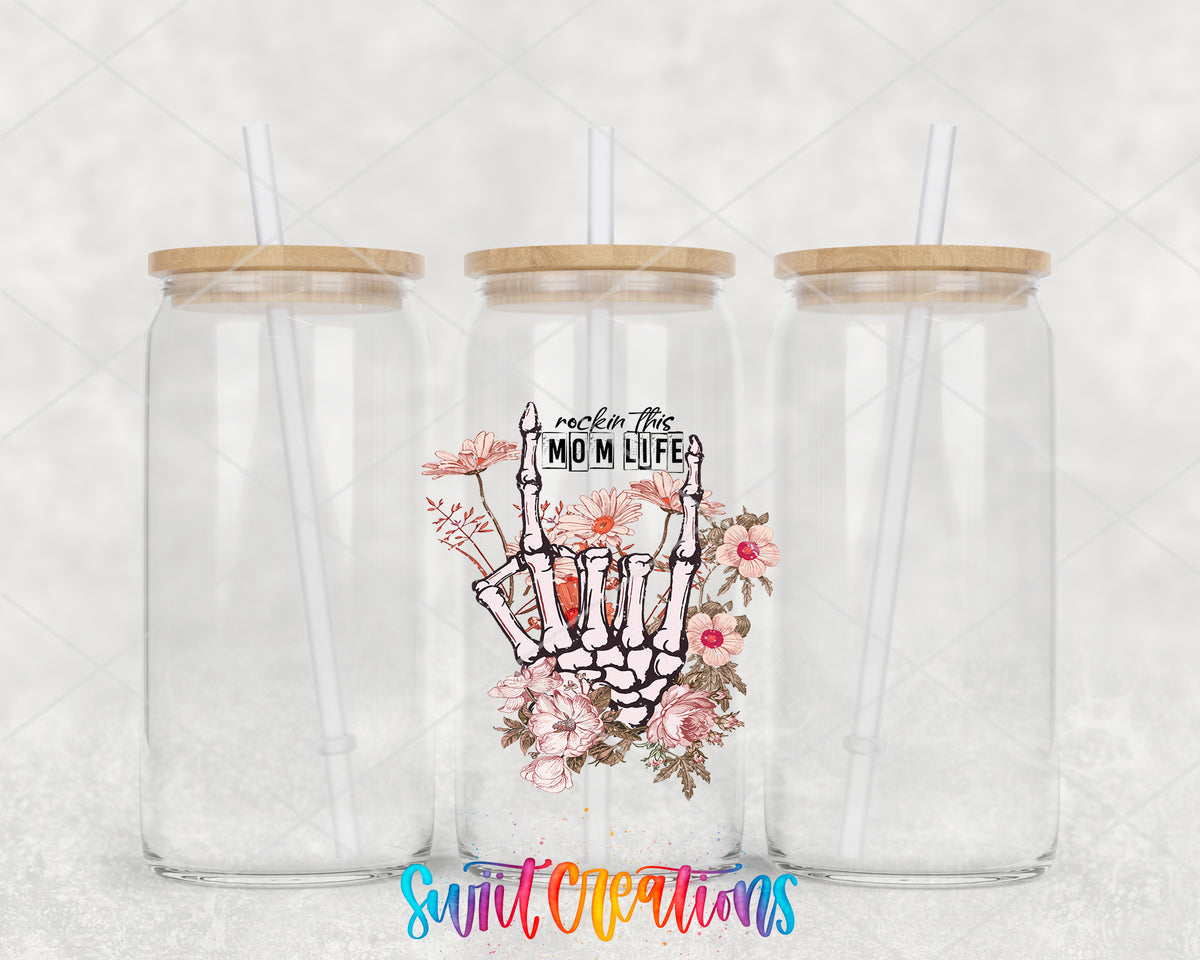 Rockin This Mom Life clear glass tumbler group mockup with bamboo lids and straws