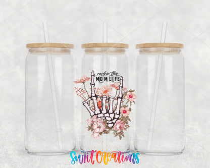 Rockin This Mom Life clear glass tumbler group mockup with bamboo lids and straws