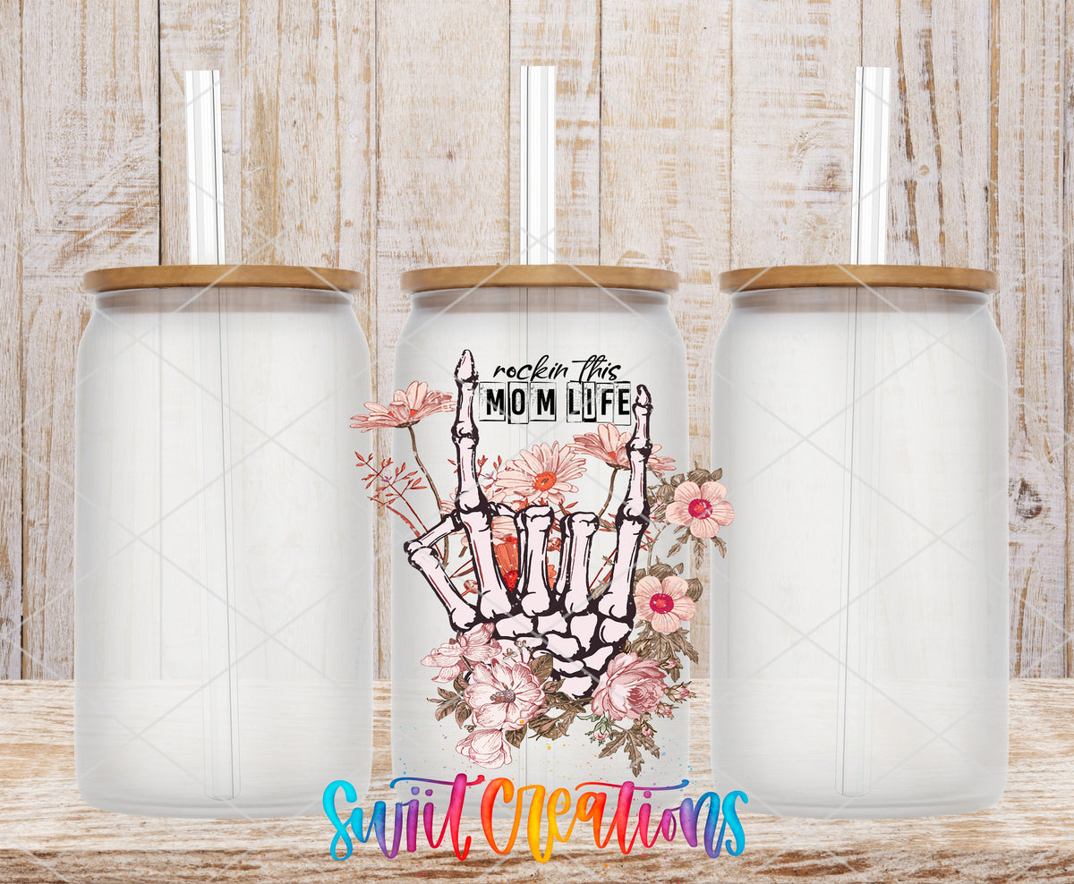 Rockin This Mom Life frosted glass tumbler mockup with bamboo lids and straws