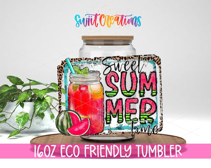 Sweet Summertime design on a 16 oz clear glass tumbler with bamboo lid