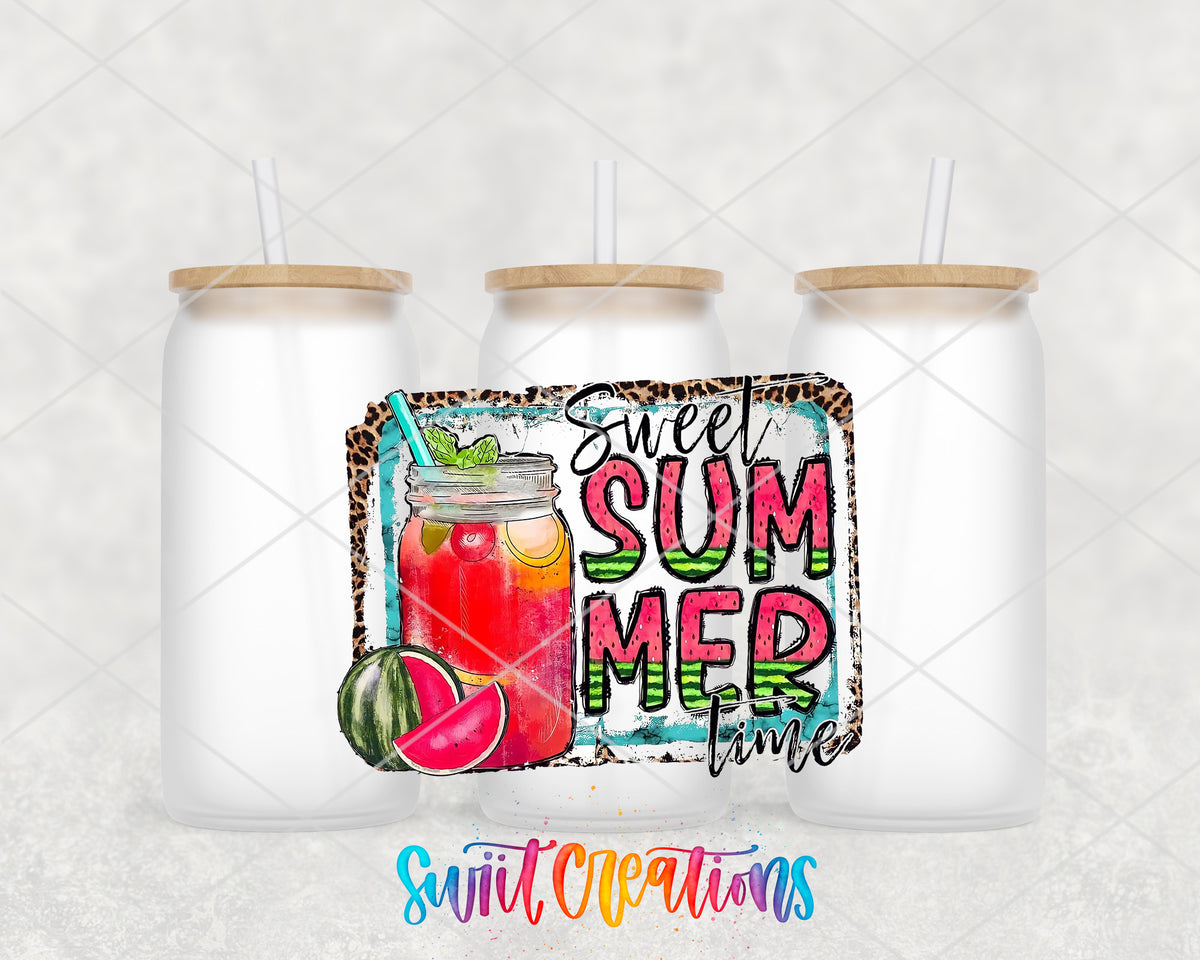 Sweet Summertime frosted glass tumbler group view with lids and straws